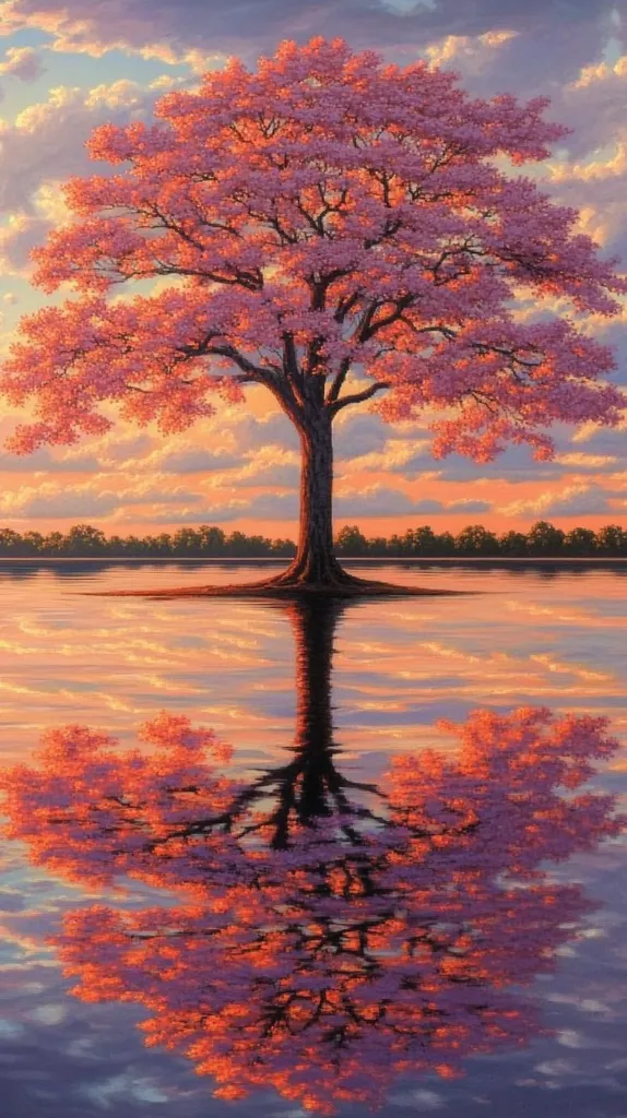 A single, large tree with pink blossoms stands in a lake, its reflection creating a mirrored image. The sky is a vibrant orange and pink with wispy clouds, and the water is a calm, reflective surface. The scene is serene and peaceful, capturing the beauty of nature.