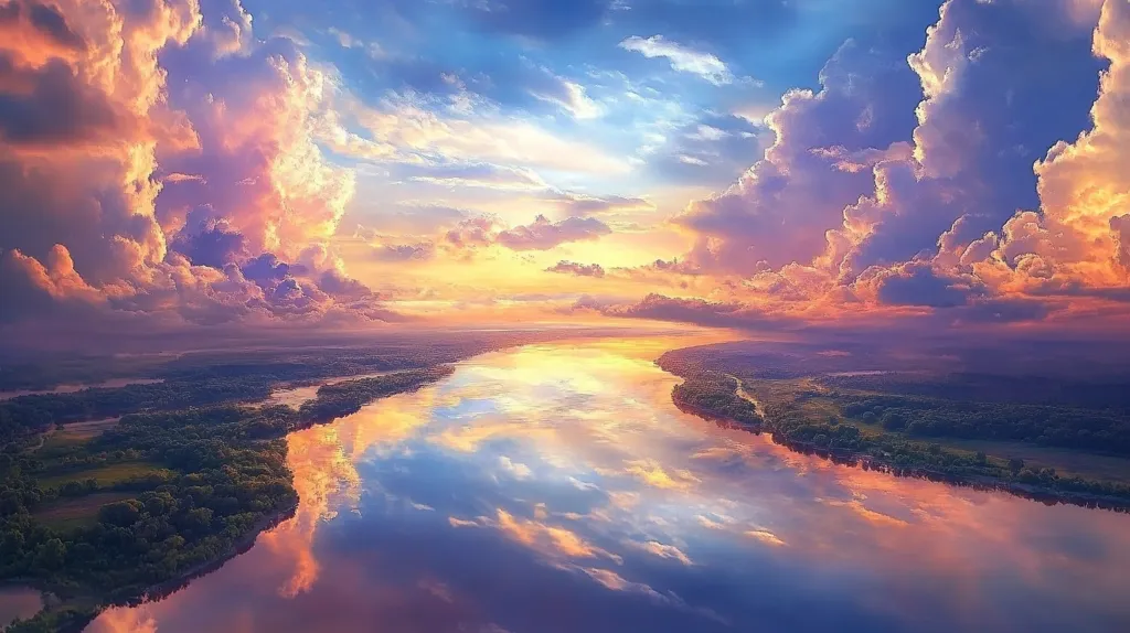 The image showcases a serene landscape with a river winding through lush greenery. The sky is a breathtaking canvas of vibrant hues, painted with pink, orange, and purple clouds, reflecting on the calm water below. The sun's golden rays bathe the scene in warmth, creating a sense of peace and tranquility. The overall atmosphere is one of ethereal beauty and natural wonder.