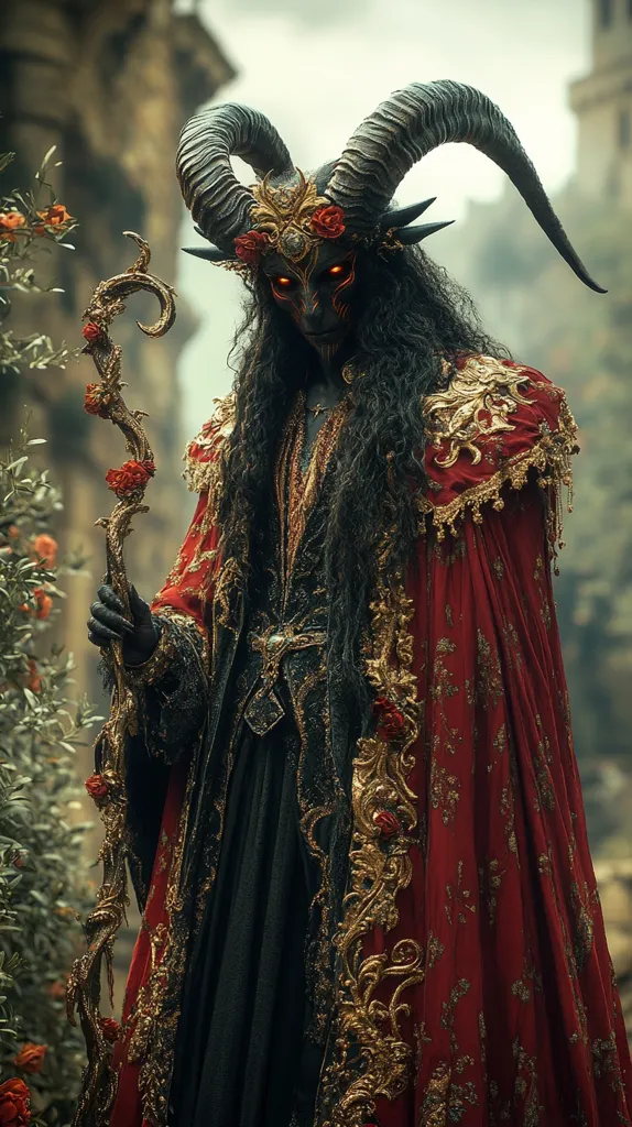 A figure with long black hair and horns, wearing a black and gold costume, stands in a forest setting. They wear a red cape with gold embroidery and hold a twisted staff with red blossoms. Their face is obscured by a mask with glowing red eyes and a horned design. The image evokes a sense of mystery and darkness.