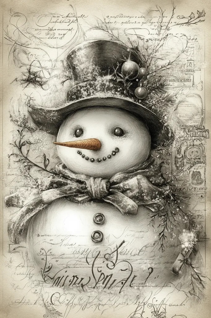 The image is a pencil drawing of a snowman wearing a top hat and a scarf,  against a background of handwritten text and  delicate floral motifs. The snowman has a round face, a carrot nose, and a wide smile, and the overall aesthetic is whimsical and nostalgic. The details are intricate, showcasing the artist's skill in capturing the textures of snow, fabric, and paper. The use of light and shadow creates a sense of depth and realism. The overall composition is harmonious and evokes a sense of cozy winter cheer.