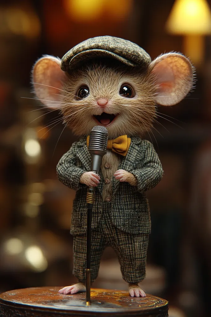 A small, brown mouse wearing a tweed suit and a cap stands holding a microphone. It has large, round ears and a yellow bow tie. The mouse is smiling with its mouth open as if singing. The background is out of focus, giving the impression of a stage setting. The overall tone of the image is lighthearted and whimsical.