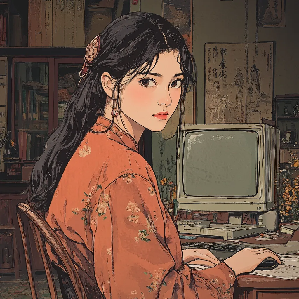 The image shows a young woman with long black hair, wearing a floral orange blouse, sitting at a desk with an old-fashioned computer. She is looking over her shoulder with a serious expression, her hand resting on the keyboard. The scene is set in a dimly lit room, with a bookshelf and other items visible in the background. The overall mood is one of quiet contemplation and introspection.