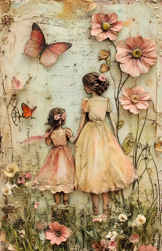 Two young girls in pink dresses stand among a field of blooming flowers. One girl holds the hand of the other.  A butterfly with pink wings flutters in the top left corner.  The painting is textured, giving it a rustic and vintage feel.  The background is a faded parchment with written text.  The overall image evokes a sense of innocence and joy.
