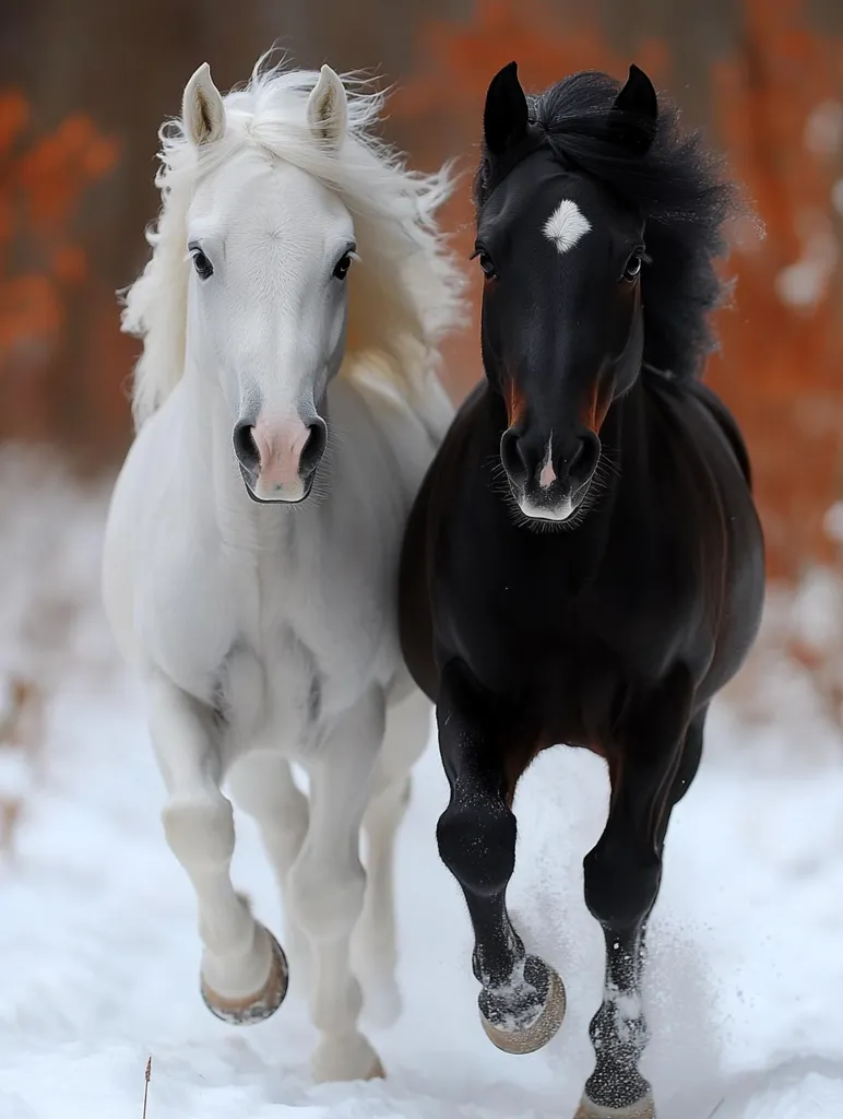 Two horses, one white and one black, run through a snowy landscape. The white horse is on the left, with a long mane and tail, and the black horse is on the right, with a shorter mane and tail. Both horses have a determined look on their faces as they gallop through the snow. The background is a blurred out  winter scene with fallen leaves.
