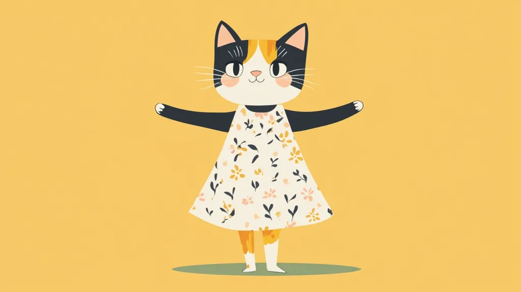 A calico cat in a white floral dress is standing on a green circle against a yellow background, arms outstretched and looking up. It has black and white fur on its head and body, with orange patches. Its facial features are large and round, and it has a friendly expression.  The image is simple and whimsical.