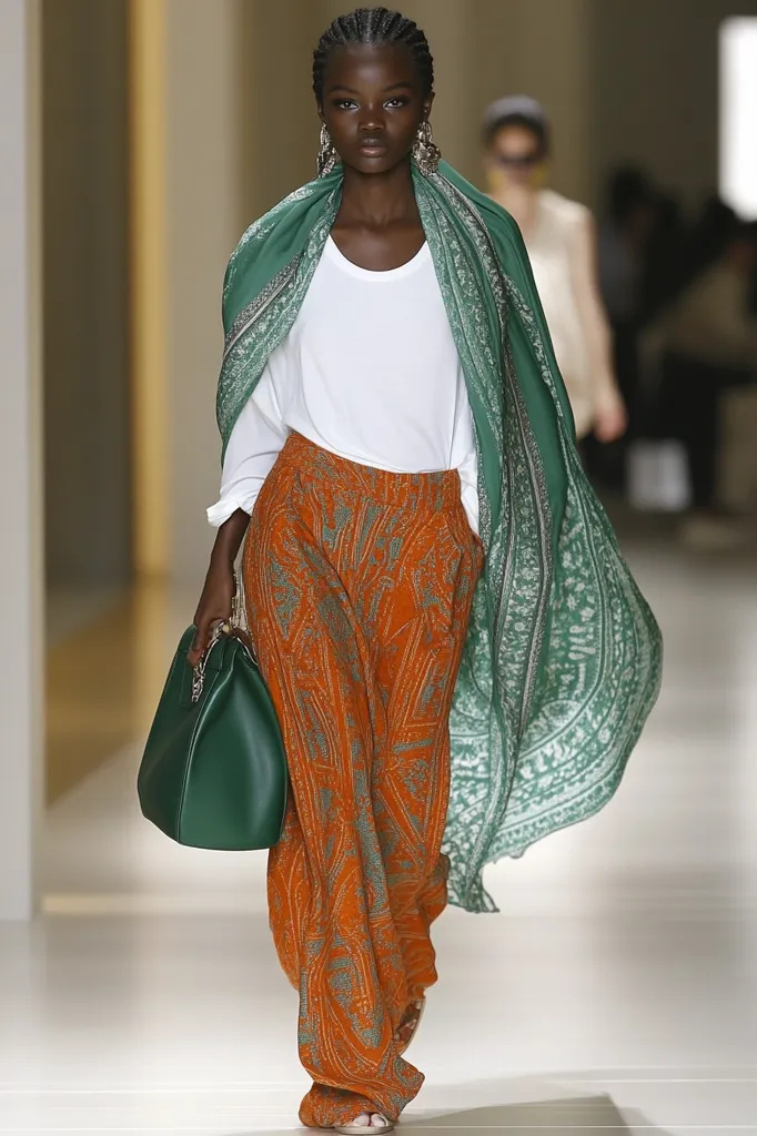 A young woman with short, dark hair walks down a runway wearing a white t-shirt, wide-legged orange pants with a green pattern, and a large green scarf. She carries a dark green handbag and wears silver earrings. The background is blurred.  The model's confident stride emphasizes the high fashion nature of the look.