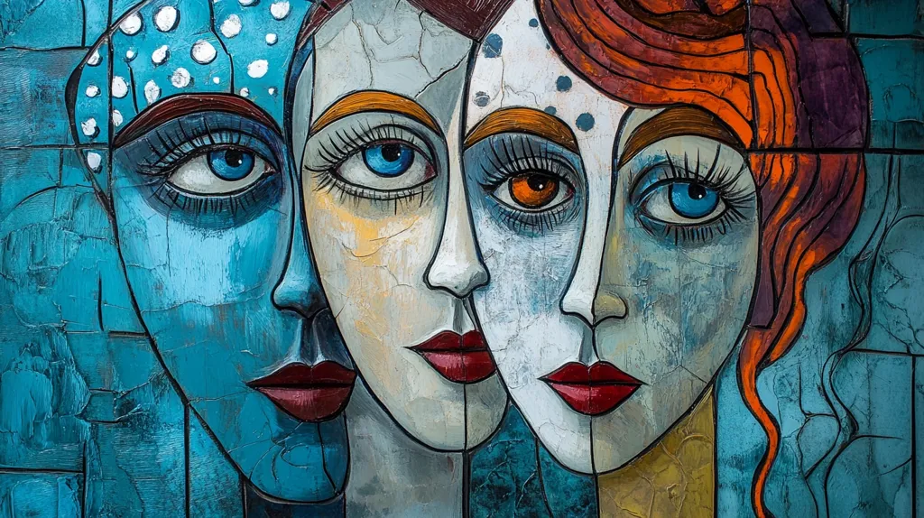 The painting depicts three female faces, partially overlapping, each with distinct features and expressions. Their eyes are large and expressive, and their lips are painted a bold red. The background is a textured blue, and the faces are outlined in black. The overall style is abstract and stylized, with a focus on bold colors and shapes. The painting evokes a sense of mystery and intrigue.