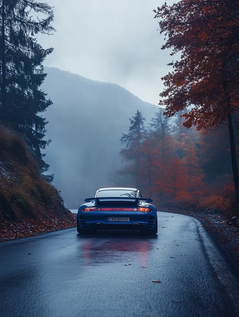 A blue sports car drives along a winding, wet road. The road is framed by trees, with a foggy mountain range in the background. The trees are mostly evergreens, with some fall foliage scattered throughout. The overall atmosphere is moody and contemplative.  The image is taken from a low angle, giving a sense of depth and perspective.