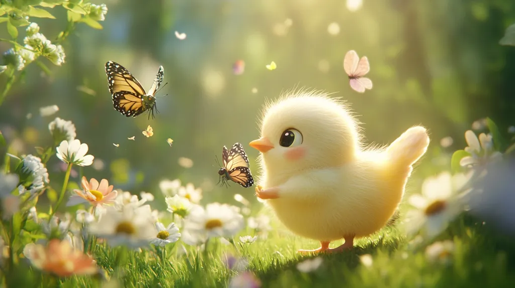 A fluffy yellow chick stands in a field of daisies and grass, its head tilted as if watching a butterfly with black and orange wings flutter nearby. The sun shines brightly, creating a warm and inviting atmosphere. The chick's large, innocent eyes and soft, downy feathers create a sense of sweetness and wonder. The image conveys a sense of springtime and new beginnings.