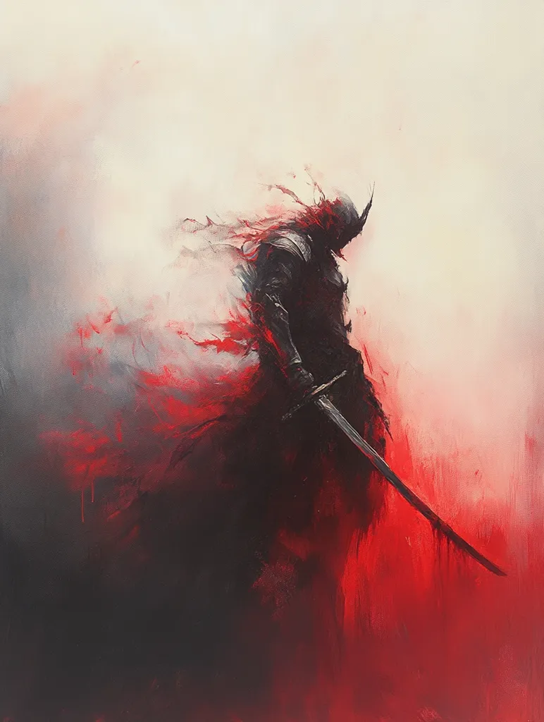 The painting depicts a dark figure, likely a knight or warrior, standing in a crimson-hued landscape. The figure is partially obscured by a cloak or flowing fabric, and only their silhouette and the glint of a sword are visible. The background is a hazy, blood-red color, suggesting a battleground or a scene of great violence. The overall impression is one of power, mystery, and perhaps even tragedy.