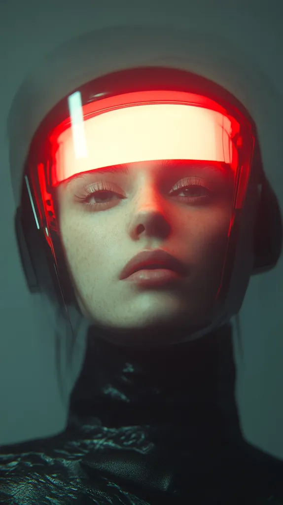 A woman with a futuristic helmet, featuring a glowing red band across the forehead, stares directly at the camera. The helmet's design is sleek and modern, with a dark, leather-like texture. The woman's expression is neutral, with a hint of intensity in her gaze. The image evokes a sense of mystery and intrigue, hinting at a story yet to be told.