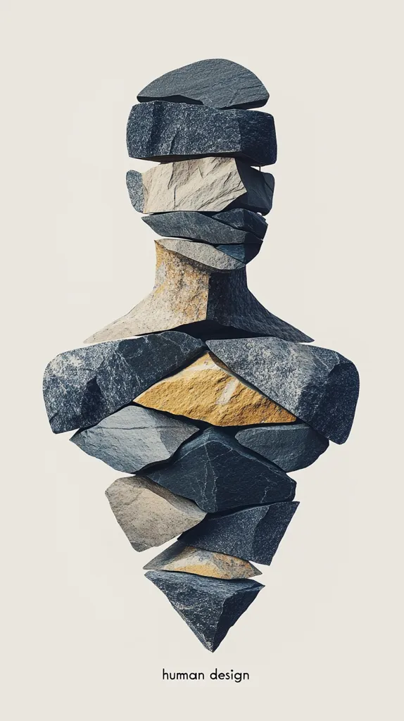 A human figure is constructed entirely of stacked rocks against a white background. The rocks are primarily grey and blue, with some yellow and brown accents. The stacked rocks are arranged to form a head, shoulders, and torso. The word "human design" is written below the image.