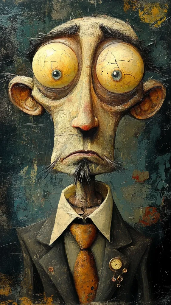 A man with large, round eyes and a long, thin nose is depicted in a stylized, almost cartoonish fashion. He has a serious expression on his face, and his eyes appear to be wide with worry. His hair is dark and unkempt. He is wearing a suit with a white collar and a large, orange tie. He appears to be wearing a pocket watch attached to a chain, with several small embellishments. The background is a textured, dark green. The image is rendered in a painterly style.