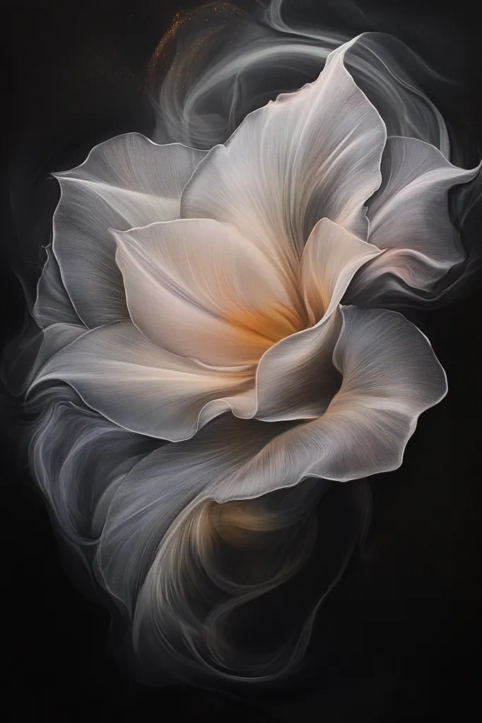A single flower with delicate, swirling petals, painted in shades of white and beige, emerges from a dark, smoky background. The petals are intricately detailed, creating a sense of depth and movement. The contrast between the light flower and the dark background emphasizes its beauty and ethereal quality.  The painting suggests a feeling of mystery and the ephemeral nature of beauty.