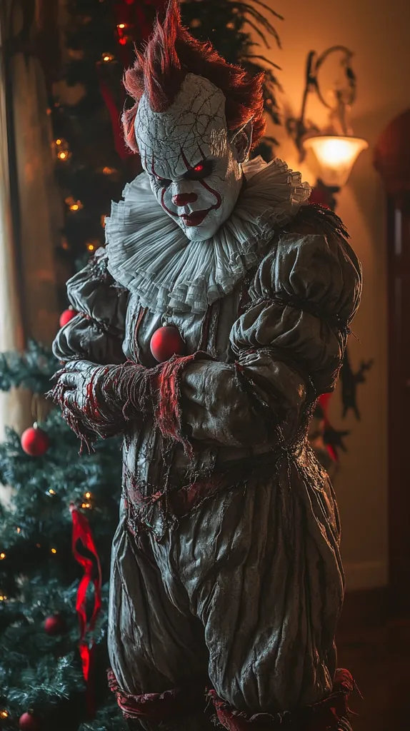 A terrifying clown, dressed in a tattered and faded costume, stands before a Christmas tree.  The clown has red hair, a painted-on smile, and a pair of sinister red eyes. He holds a red bauble in his hand. The image has a dark and eerie atmosphere, suggesting something sinister is about to happen.  The contrast between the festive decor and the menacing clown creates a unsettling and disturbing feeling.