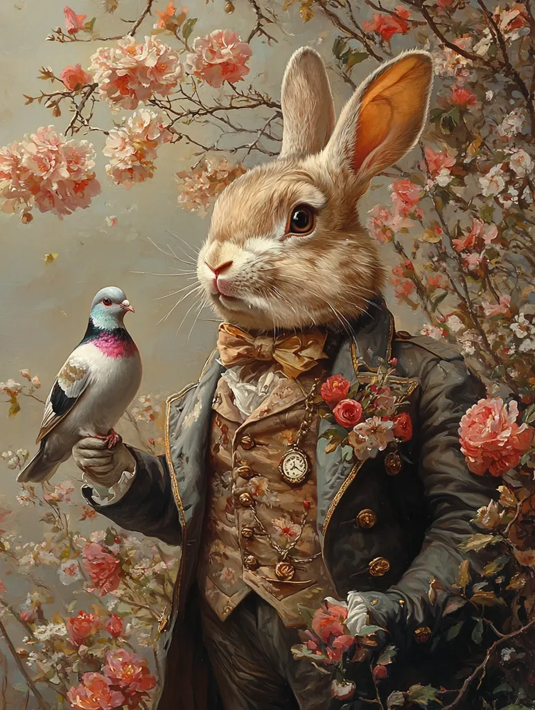 A dapper rabbit in a waistcoat and coat, adorned with a bowtie, holds a dove in his gloved hand. He stands amidst blooming flowers and greenery, creating a whimsical and almost surreal scene. The rabbit’s attire and the dove’s presence suggest a story of enchantment and wonder.