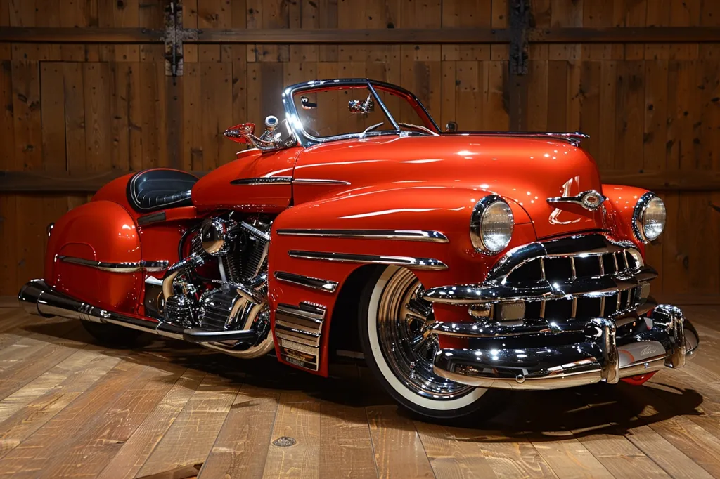A bright red custom-built motorcycle with a classic car body style. The motorcycle is parked on a wooden floor and features a chrome front bumper, large headlights, and a single, large wheel on each side. The motorcycle's design appears to be a unique blend of car and motorcycle features. The chrome accents and red paint give the motorcycle a sleek and stylish look.