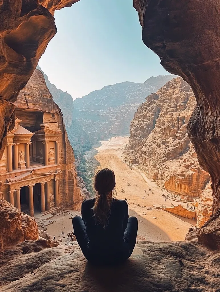 A lone woman sits on a rocky ledge, overlooking a vast, sandy canyon. In the distance, the ancient city of Petra emerges from the sandstone cliffs, its intricate facade visible in the sunlight. The scene evokes a sense of solitude and wonder, highlighting the beauty and grandeur of this historical site.