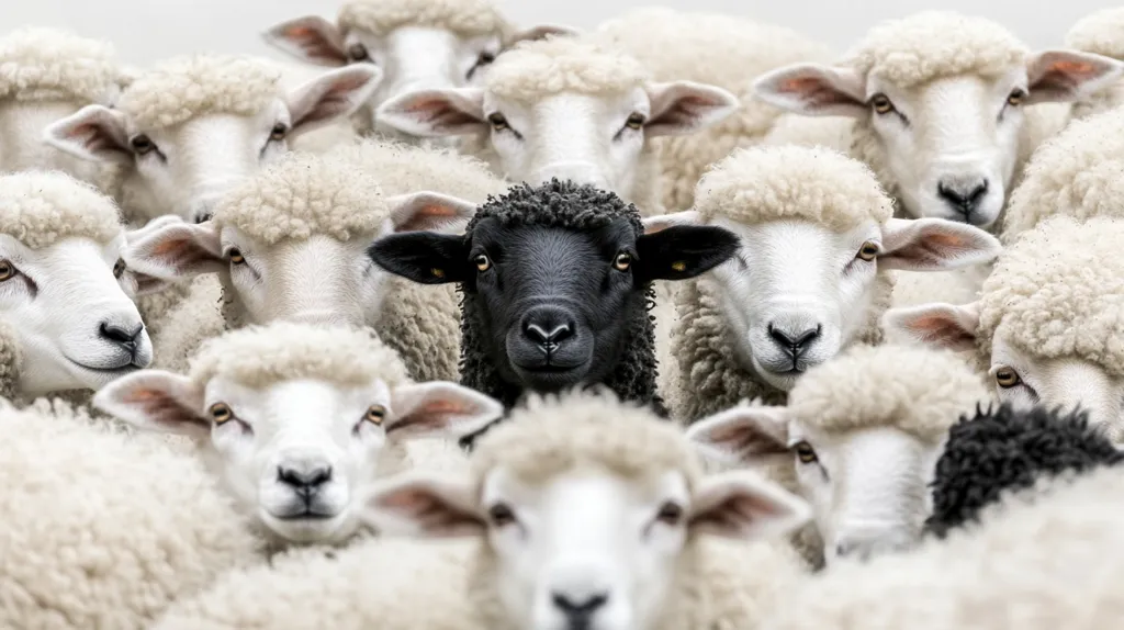 A black sheep stands out amongst a crowd of white sheep. The black sheep's face is visible, looking directly at the camera, while the white sheep are blurred in the background. The image evokes a sense of individuality and being different. The black sheep is a metaphor for those who stand out from the crowd, often facing judgment or ostracization. The white sheep represent conformity and the status quo. The image suggests that it's okay to be different and that individuality should be celebrated.