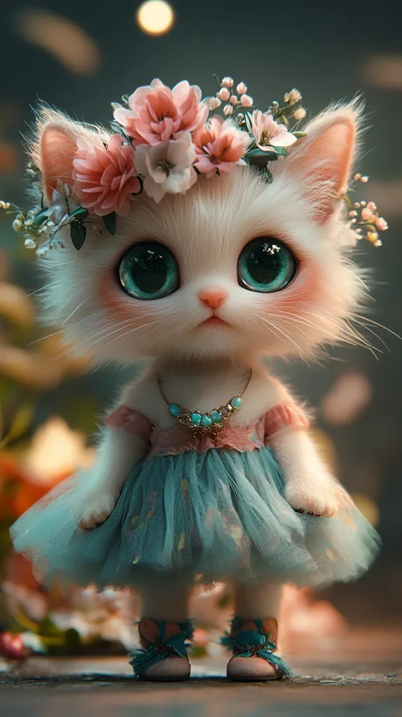 A white kitten with large, bright green eyes is dressed in a blue tutu and a floral crown.  She wears a turquoise necklace and has pink blush on her cheeks.  Her fur is soft and fluffy, and she looks sweet and innocent.  She stands on a wooden surface with blurry flowers in the background.  The image has a whimsical and fairytale-like quality.