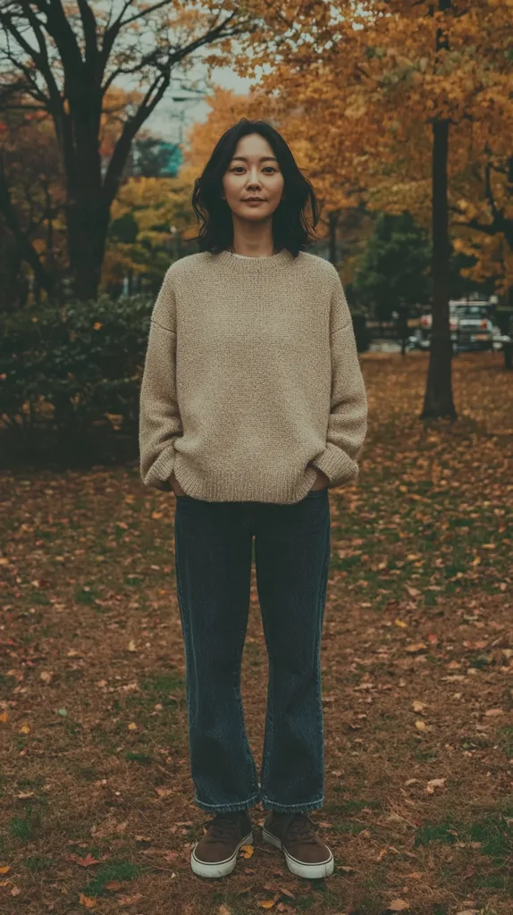 A young woman stands in a park, looking directly at the camera. She is wearing a beige knitted sweater and blue jeans, with her hands tucked into her pockets. The ground is covered in fallen leaves. The trees in the background have yellow leaves, suggesting it is autumn. The atmosphere is peaceful and contemplative.