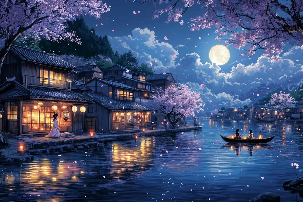 A serene night scene of a Japanese village with traditional houses lining a tranquil river. The full moon illuminates the sky, while cherry blossom petals gently fall onto the water. A couple enjoys a romantic boat ride, their silhouettes visible against the moonlit backdrop. Warm light spills from windows, creating a cozy atmosphere. The scene evokes a sense of peace and tranquility.