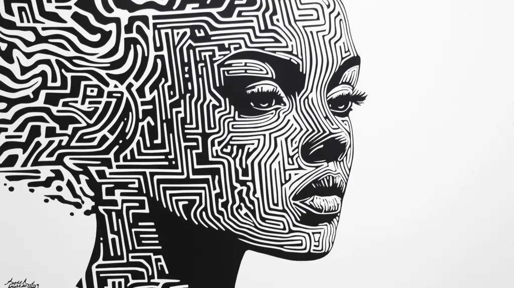 The image is a black and white illustration of a woman's face. Her face is entirely covered in intricate, maze-like patterns, creating a striking visual contrast with the white background. The woman's expression is intense, with her eyes open wide and her mouth slightly open, as if she is about to speak. The artwork evokes a sense of mystery and intrigue, leaving the viewer to decipher the meaning behind the complex patterns.