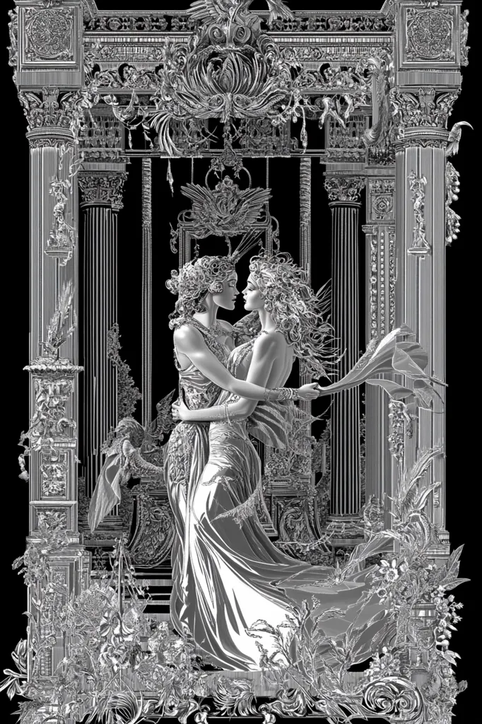 The image depicts two women embracing in a lavish, ornate setting. They are standing in front of a grand, intricately decorated archway, likely a palace or temple entrance. The women are dressed in flowing robes, their hair adorned with intricate details, and they gaze lovingly at each other. The entire scene is rendered in shades of gray, creating a sense of ethereal beauty and romance. The intricate details of the architecture and the women's clothing suggest a sense of elegance and sophistication, while the black background amplifies the drama and intensity of the moment.