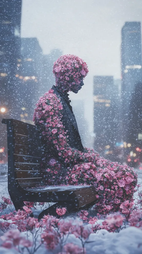 A person, entirely covered in pink flowers, sits on a bench in a snowy city.  The city buildings are blurred in the background, and the snow falls gently around the figure. The scene is ethereal and melancholic, a surreal contrast of nature and urban life. The figure's head is completely obscured by the flowers, creating an air of mystery.  The image evokes a sense of isolation and quiet beauty.
