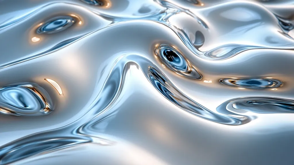 A close-up image of a silver, reflective surface. The surface is rippling and undulating, creating a sense of movement. The light reflects off the surface, creating highlights and shadows. The image is abstract and visually stimulating.