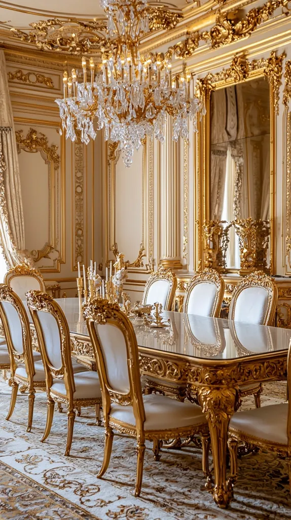 A grand dining room adorned with ornate gold detailing and a sparkling crystal chandelier. The room boasts a large, intricately carved table and plush white chairs, creating an atmosphere of opulence and grandeur. The warm lighting and luxurious furnishings contribute to an elegant ambiance.