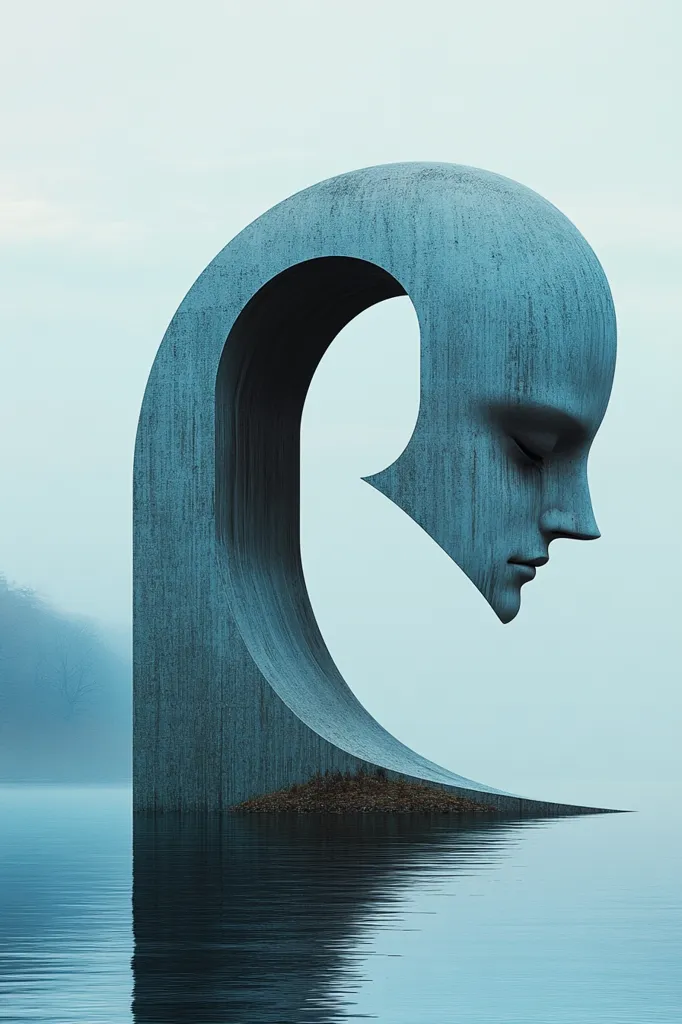The image shows a large, abstract sculpture of a head, seemingly carved out of a single piece of stone. The head is bent down, with its chin resting on its chest, creating a large, empty space within its form. The sculpture is partially submerged in a calm, still body of water, which reflects the surrounding landscape and the sculpture itself. The scene is quiet and contemplative, with a sense of mystery and introspection.