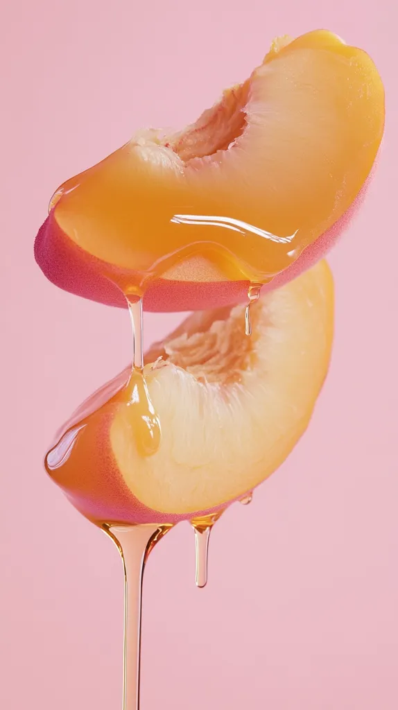 Two peach slices are stacked on top of each other, with honey dripping down from the top slice. The slices are positioned against a pink background, and the honey creates a golden, viscous flow that contrasts with the light pink and yellow of the peach. The image captures a moment of sweetness and indulgence.