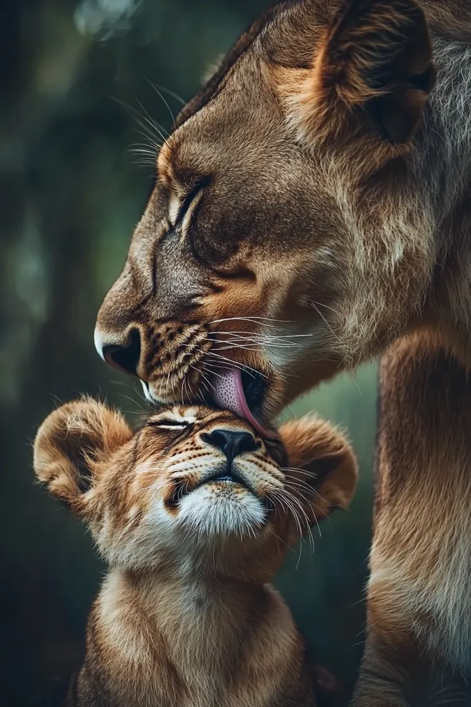 A large lioness licks her cub's face with her tongue outstretched, a gentle expression on her face. The cub's eyes are closed, basking in the affection, its fur soft and golden. The background is blurred, highlighting the bond between the two. The image captures the tenderness and protective nature of a mother lion.