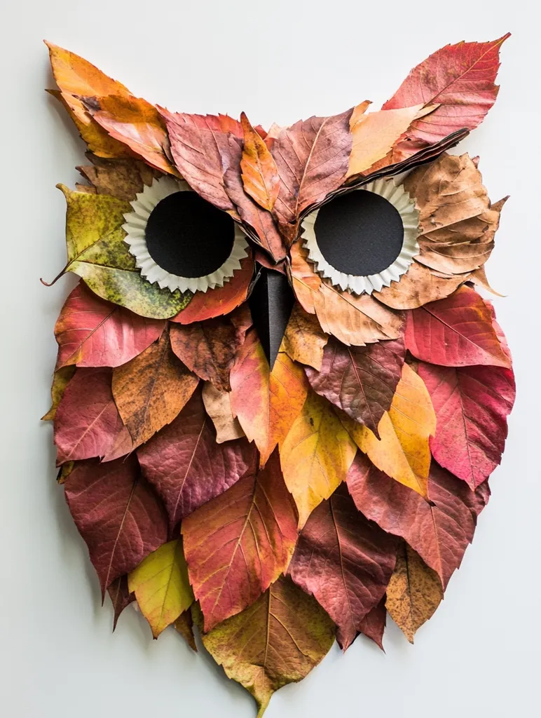 A whimsical owl is crafted from autumn leaves, showcasing a variety of rich, warm colors. The owl's round eyes are made from black paper and have a whimsical and cartoonish charm.  The intricate arrangement of leaves creates a natural, textured, and visually appealing owl.  The owl is set against a plain white background, allowing its colors and details to stand out.  This owl is a creative and delightful display of autumn's beauty.