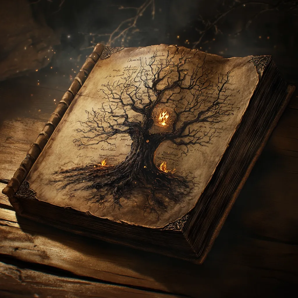 An old, leather-bound book lies open on a wooden table. The pages are filled with handwritten text and a large, gnarled tree with glowing flames in its branches and roots. The book appears ancient and mystical, hinting at powerful magic and secrets within.  The image is dark and atmospheric, creating a sense of mystery and intrigue.