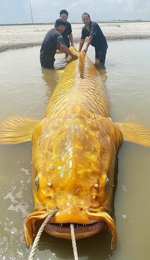 A group of three men are holding a giant, golden-colored fish with its mouth open, revealing rows of sharp teeth. The fish is lying in shallow water with its tail extending out to the right and its head in the foreground of the photo. The men are wearing casual clothing, and the fish is enormous in comparison to their size.
