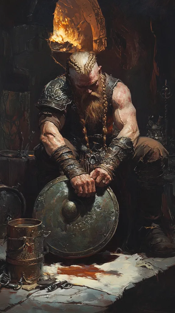 A large, muscular, bearded warrior in leather armor sits in a dimly lit room, his hands clasped around a large shield. The room is filled with shadows and a faint glow from a fire in the background. The warrior's expression is somber, perhaps reflecting on a past battle or a lost friend. A metal tankard and chains lie on the floor, hinting at a hard life and the weight of his burdens. The image evokes a sense of strength, stoicism, and the trials of a warrior's life.