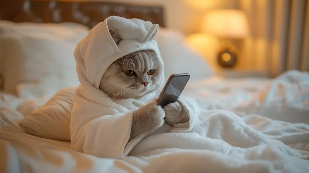A grey and white cat, wearing a white robe and a towel on its head, is lying on a bed and looking at a smartphone. The cat appears to be engrossed in the phone, its paws resting on the screen. The bed is made of white sheets and a pillow. The room is lit by a soft, warm light, suggesting a cozy atmosphere.