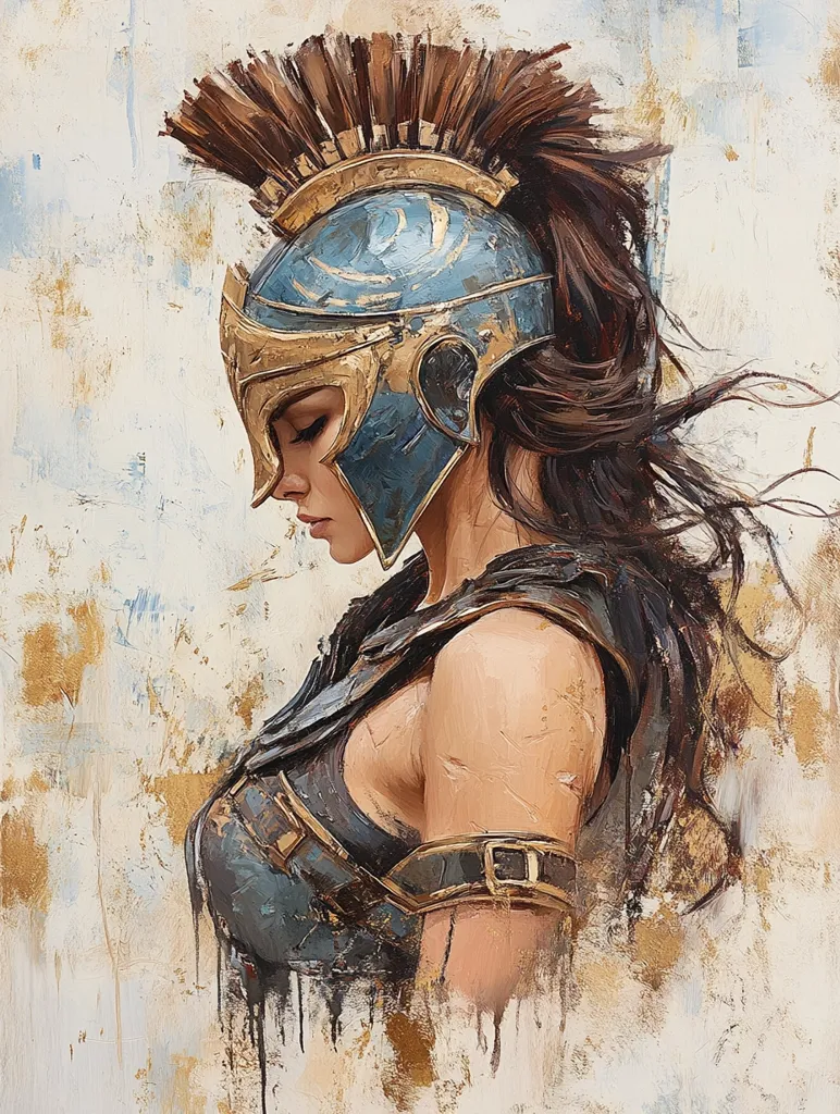 The painting depicts a warrior woman in a blue and gold helmet with a flowing mane of brown hair. She is dressed in a dark blue and gold breastplate, her right arm is bare, and her face is obscured by the helmet. The background is a light brown with hints of gold, suggesting a weathered canvas. The overall impression is one of strength and vulnerability, with the warrior's gaze downcast and the wind whipping her hair. The paint style is textured and expressive, adding to the dramatic effect.