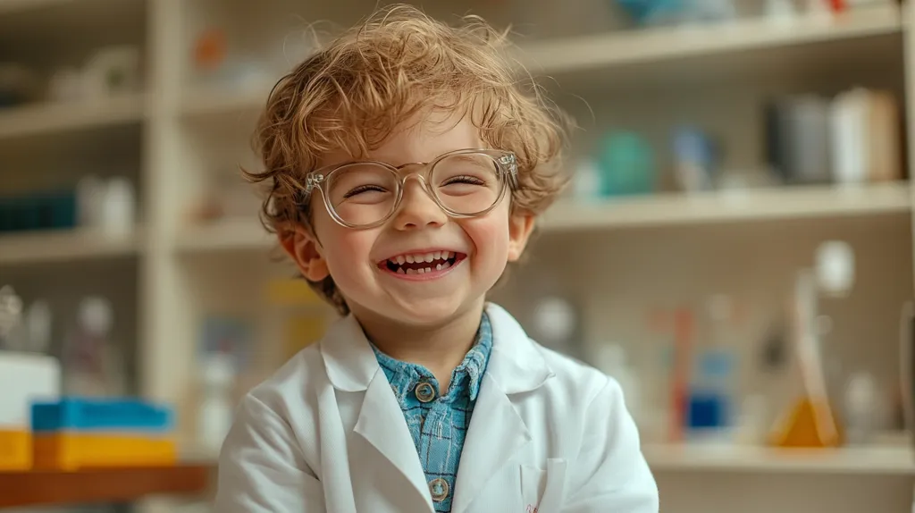A young boy with blonde curly hair wears clear-framed glasses and a white lab coat. He is smiling broadly, revealing his teeth. He is standing in front of a bookshelf filled with beakers and other scientific equipment. The boy appears to be happy and excited about science.