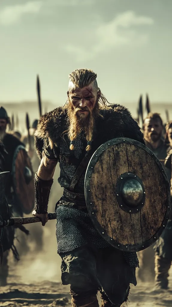 A fierce Viking warrior stands amidst a battlefield, his face hardened with determination. He wears chainmail armor, a thick fur cloak, and a large wooden shield with a metal boss. He brandishes a battle axe, ready to face any challenge. The scene is filled with dust and the echoes of battle, creating a dramatic and powerful image.