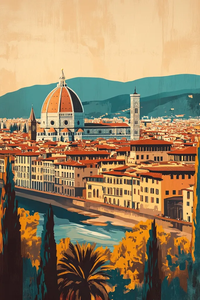 The image is a colorful illustration of the city of Florence, Italy. The iconic Duomo, with its distinctive dome, dominates the skyline, while the Arno River winds through the city below. The buildings are a mix of ochre and terracotta, accented by the vibrant green of trees and the cool blue of the sky. The overall impression is of a vibrant, historic city brimming with life.
