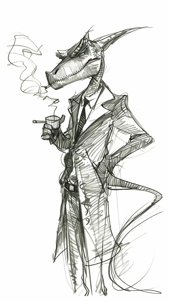 A sketch of a humanoid dinosaur wearing a suit and tie, holding a cigarette in its mouth, with smoke swirling around its head. Its tail is curled behind it, and it has a serious expression on its face. The image is drawn in a loose, sketchy style, with hatching and cross-hatching to create depth and texture.