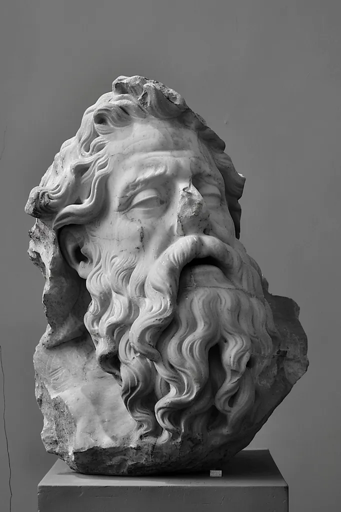A black and white image of a marble sculpture of a man's head. The sculpture is missing the lower portion of the face and neck. The man's hair is long and curly, and he has a long, thick beard. The sculpture is on a pedestal in front of a plain, light grey wall.  The image is in sharp focus, capturing the intricate details of the sculpture's features. The lighting is soft and even, highlighting the beauty of the marble and the sculptor's skill.