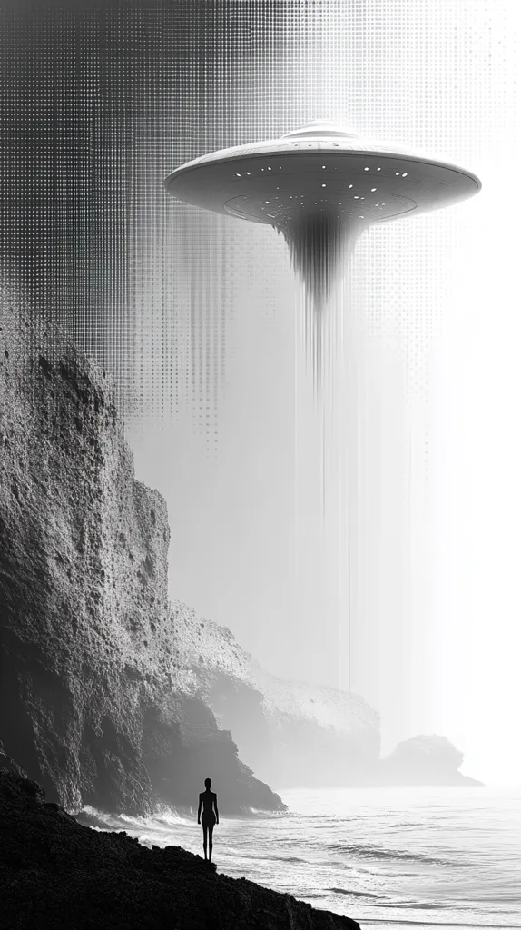 A black and white image depicting a flying saucer hovering over a rocky shoreline.  The saucer is a dark grey and appears to be leaking light from its underside.  A single human figure stands on the shore, looking up at the saucer.  The image has a hazy, dream-like quality.