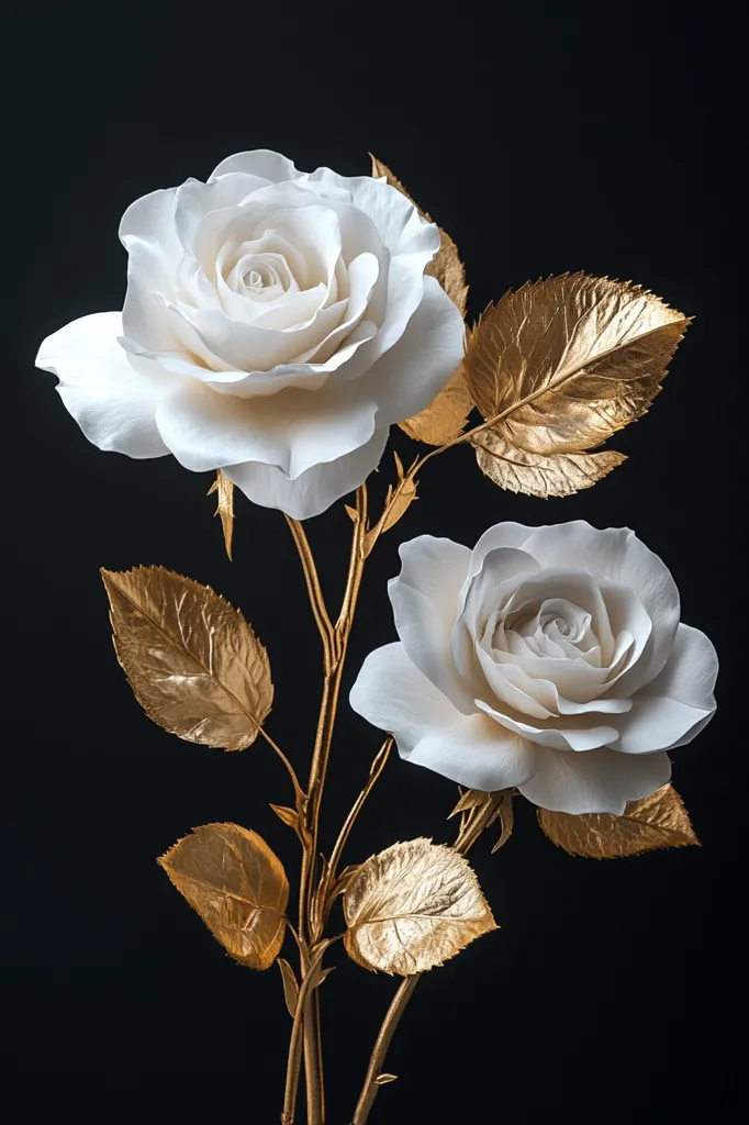 Two delicate white roses with golden leaves are arranged against a black background. The roses have a soft, velvety texture and their petals are unfurling, creating a sense of elegance and grace. The golden leaves add a touch of richness and luxury to the composition, contrasting beautifully with the white of the roses. The overall effect is one of refined beauty and delicate sophistication.