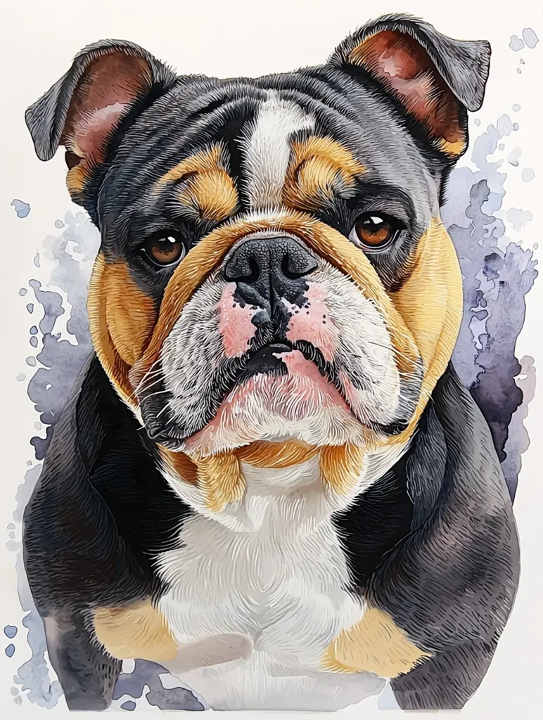 The image is a watercolor painting of a black, tan, and white bulldog. The dog is looking directly at the viewer with a serious expression. The painting is done in a realistic style with fine details in the fur and wrinkles. There are faint blue watercolor splotches in the background.  The dog’s fur is finely detailed, giving it a lifelike appearance.  The painting is a beautiful portrayal of a bulldog’s character and charm.