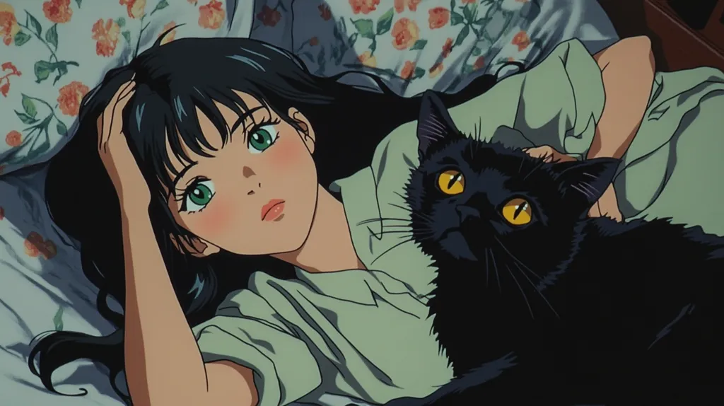 An anime-style image depicts a young woman with long black hair lying in bed with a black cat. She is wearing a green shirt and has her hand in her hair. The cat is looking at the viewer with bright yellow eyes. The bed is covered in a floral patterned blanket.  The image has a nostalgic, vintage feel.