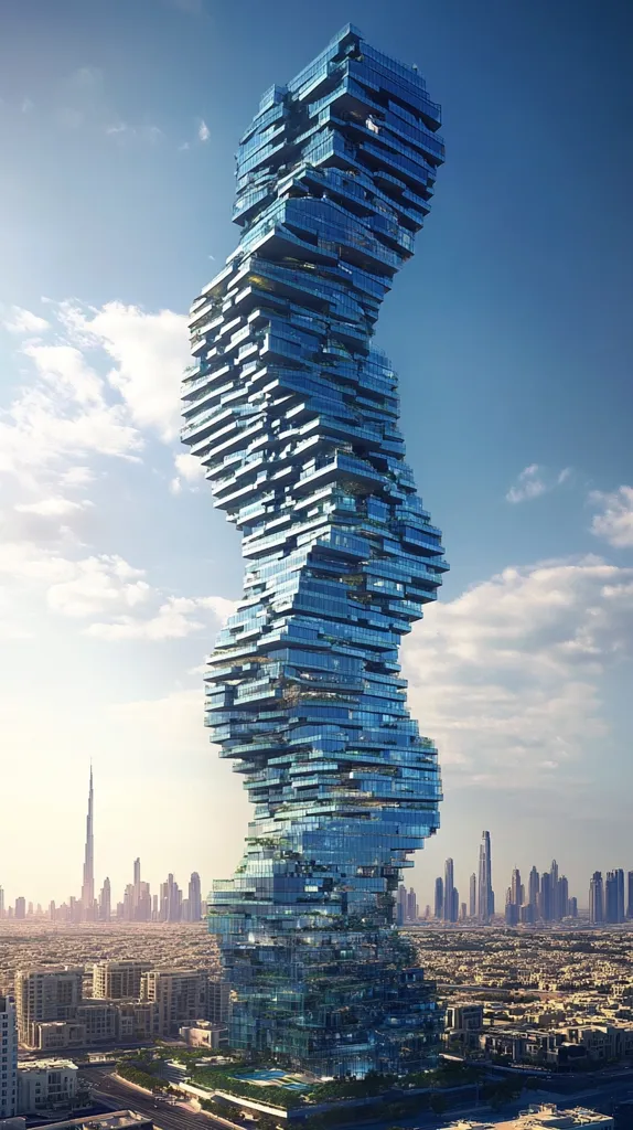 The image shows a futuristic, serpentine skyscraper in a city with a sprawling skyline. The building is made of stacked, overlapping glass panels, giving it a unique, almost organic appearance. The surrounding city features numerous other skyscrapers, including the iconic Burj Khalifa in the distance. The sky is a light blue with fluffy white clouds. The overall tone is one of innovation and urban development.